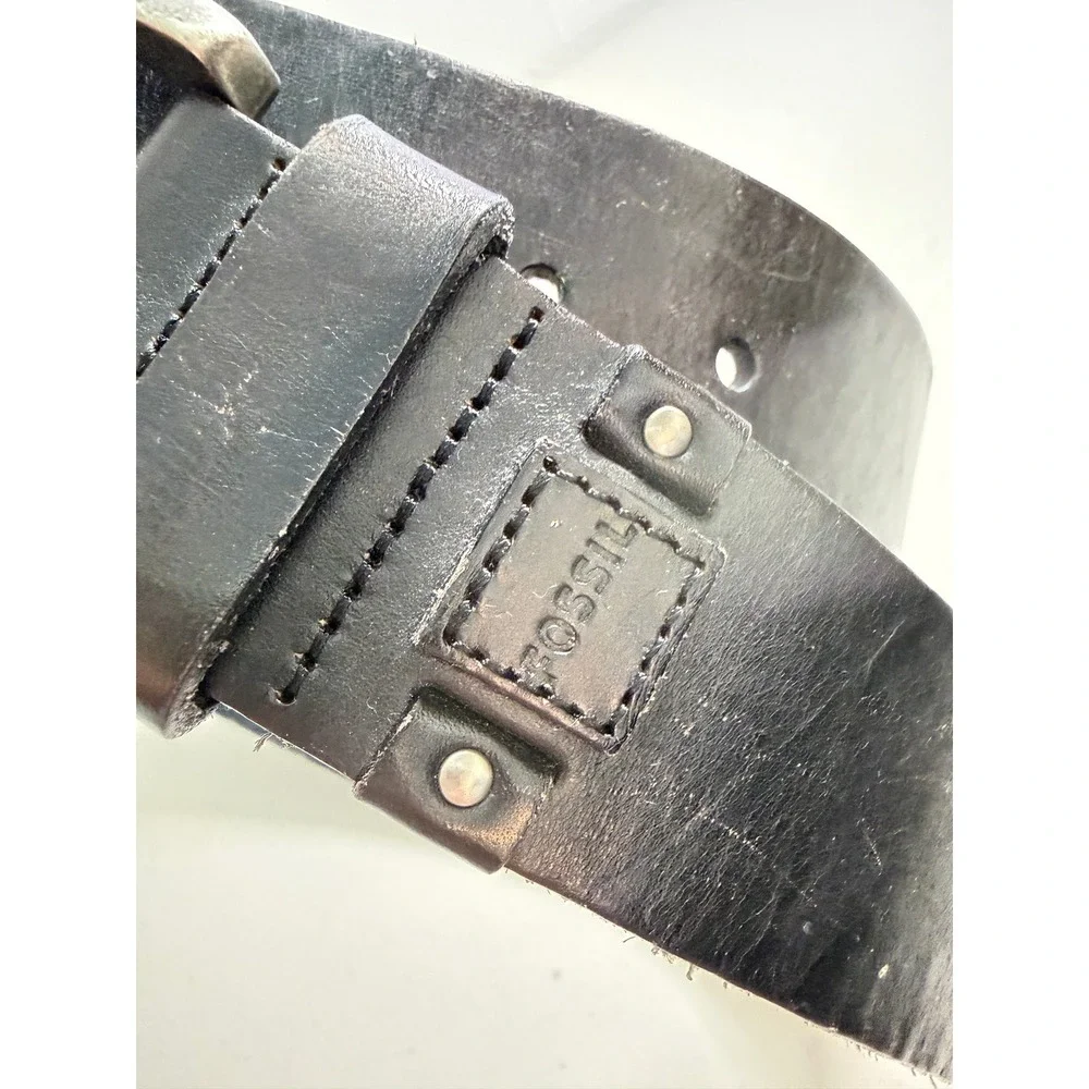 Fossil Mens Black Genuine Leather Belt Silver Buckle‎ Size 85 34